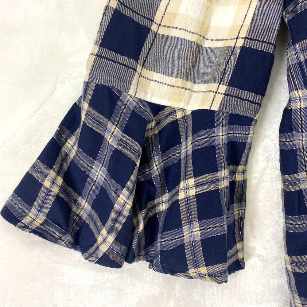 Ann Taylor Loft Women's Blue Plaid Off-the-Shoulder Blouse Flared Sleeves Sz L - Picture 3 of 7